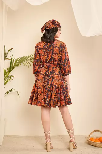 Orange & Navy blue paisly print flared dress