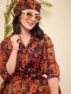 Orange & Navy blue paisly print flared dress 5
