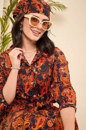 Orange & Navy blue paisly print flared dress