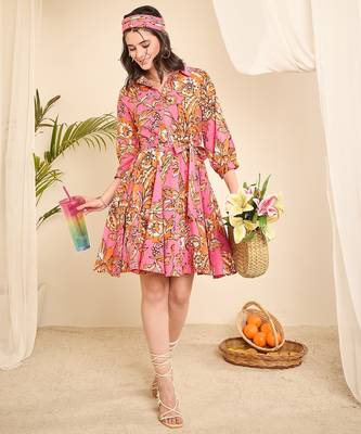 Pink floral print flared dress 1