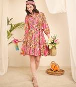 Pink floral print flared dress