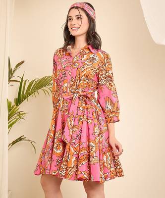 Pink floral print flared dress 3