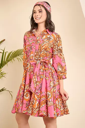 Pink floral print flared dress