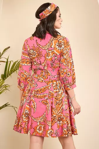 Pink floral print flared dress