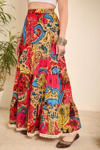 Abstract printed longline tiered skirt