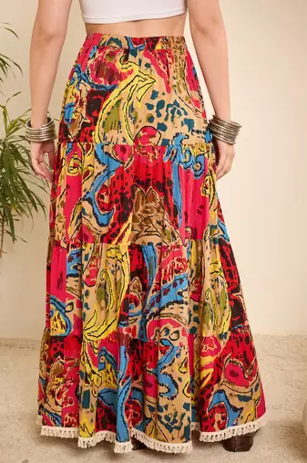 Abstract printed longline tiered skirt