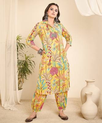 Yellow printed collared pathani kurta set 1