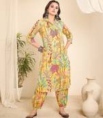 Yellow printed collared pathani kurta set