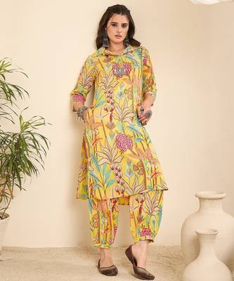 Yellow printed collared pathani kurta set 2