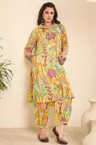 Yellow printed collared pathani kurta set