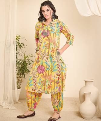 Yellow printed collared pathani kurta set 3