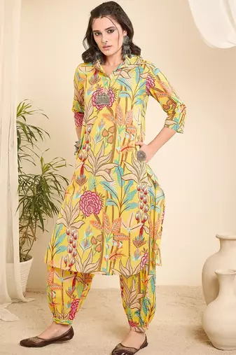 Yellow printed collared pathani kurta set
