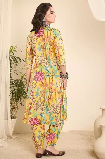 Yellow printed collared pathani kurta set