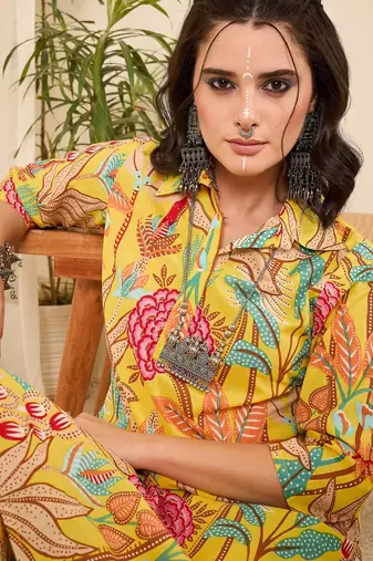 Yellow printed collared pathani kurta set