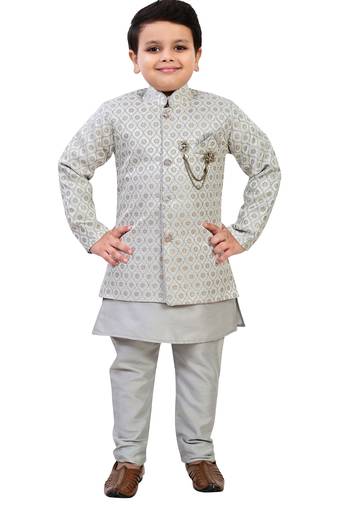 Grey ethnic motifs jacquard sherwani with solid kurta & pyjama set for boys