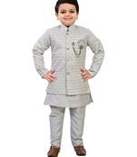 Grey ethnic motifs jacquard sherwani with solid kurta & pyjama set for boys