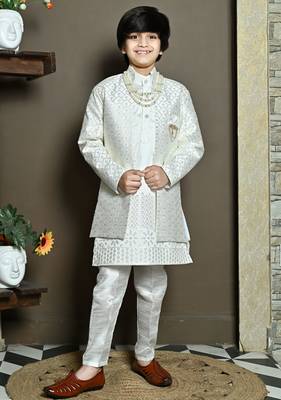 White sequined embroidered kurta sherwani with pant & necklace for boys 1