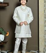White sequined embroidered kurta sherwani with pant & necklace for boys
