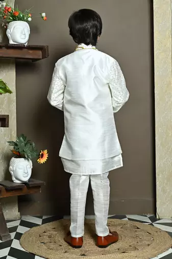 White sequined embroidered kurta sherwani with pant & necklace for boys
