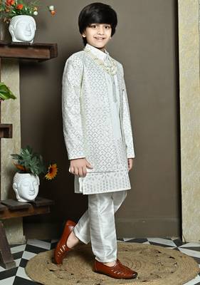 White sequined embroidered kurta sherwani with pant & necklace for boys 3