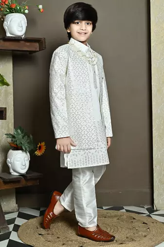 White sequined embroidered kurta sherwani with pant & necklace for boys