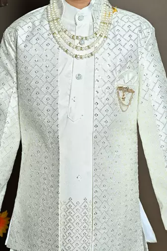 White sequined embroidered kurta sherwani with pant & necklace for boys