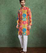 Orange Heavy rayon embroidered work & digital printed kurta for men
