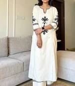 Off White Embroidered South Cotton Kurta and Pant Set