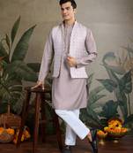 Ivory Viscose silk real mirror thread work kurta with weaving jacquard work design koti for men