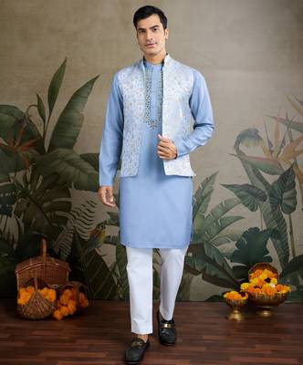 Sky Blue Viscose silk real mirror thread work kurta with weaving jacquard work design koti for men 1