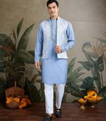 Sky Blue Viscose silk real mirror thread work kurta with weaving jacquard work design koti for men