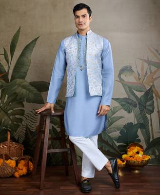 Sky Blue Viscose silk real mirror thread work kurta with weaving jacquard work design koti for men 2