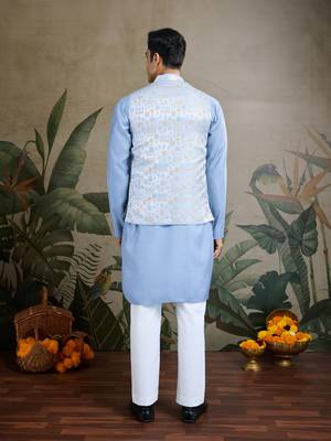 Sky Blue Viscose silk real mirror thread work kurta with weaving jacquard work design koti for men 3