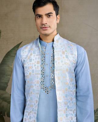 Sky Blue Viscose silk real mirror thread work kurta with weaving jacquard work design koti for men 4