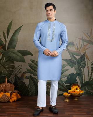 Sky Blue Viscose silk real mirror thread work kurta with weaving jacquard work design koti for men 5