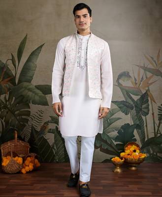 White Viscose silk real mirror thread work kurta with weaving jacquard work design koti for men 1