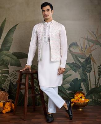 White Viscose silk real mirror thread work kurta with weaving jacquard work design koti for men 2