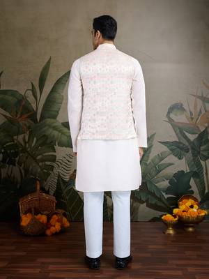 White Viscose silk real mirror thread work kurta with weaving jacquard work design koti for men 3