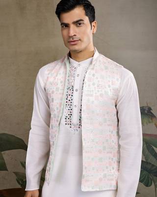 White Viscose silk real mirror thread work kurta with weaving jacquard work design koti for men 4
