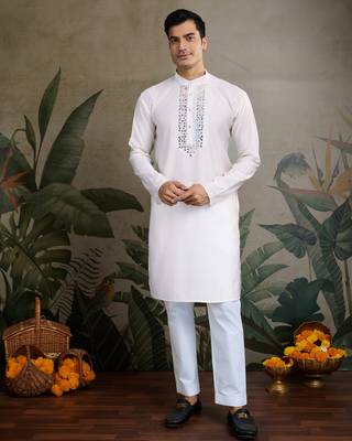 White Viscose silk real mirror thread work kurta with weaving jacquard work design koti for men 5
