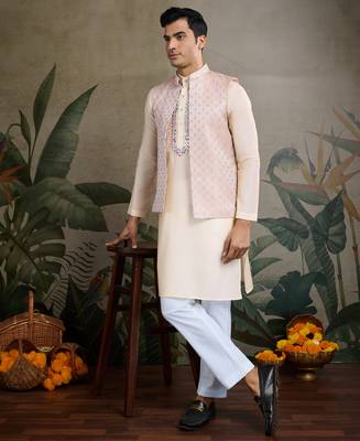 Off White Viscose silk real mirror thread work kurta with weaving jacquard work design koti for men 1