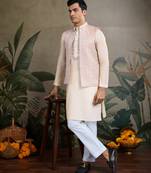 Off White Viscose silk real mirror thread work kurta with weaving jacquard work design koti for men