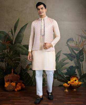 Off White Viscose silk real mirror thread work kurta with weaving jacquard work design koti for men 2