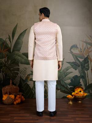 Off White Viscose silk real mirror thread work kurta with weaving jacquard work design koti for men 3
