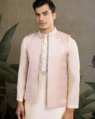 Off White Viscose silk real mirror thread work kurta with weaving jacquard work design koti for men 4