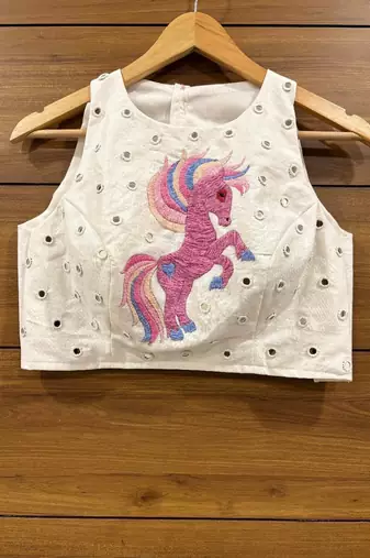 White Real mirror work and handwork sleeveless blouse