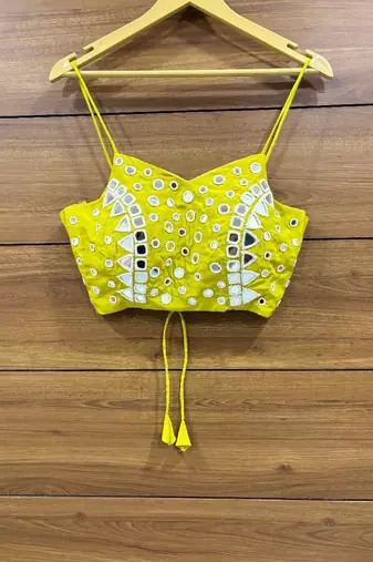Lime Yellow Real mirror hand work sleeveless blouse