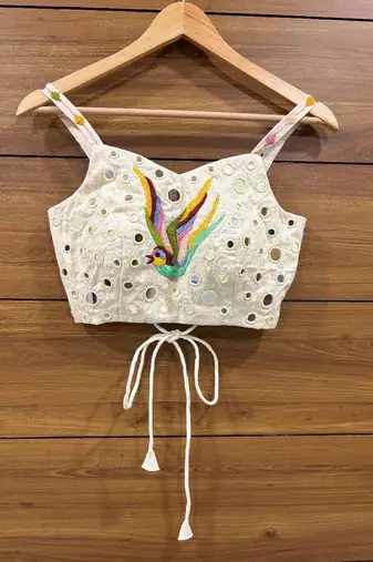 Offwhite real mirror hand work sleeveless blouse
