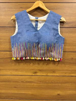 Denim Colourful thread work sleeveless blouse 1