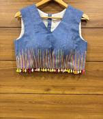 Denim Colourful thread work sleeveless blouse